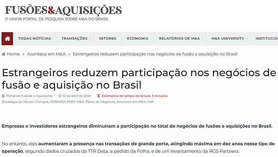 Estrangeiros reduzem participao nos negcios de fuso e aquisio no Brasil